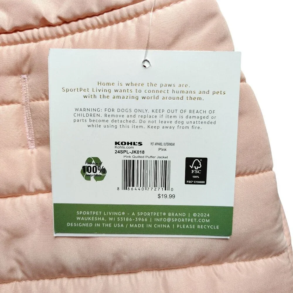 Sportpet Dog Size Small Pink Quilted Puffer Pet Winter Jacket